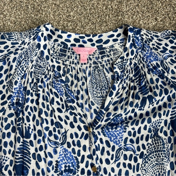 Lilly Pulitzer Elsa Button Down Flowy Blouse Blue White Fish Print, Size Small - Picture 3 of 10